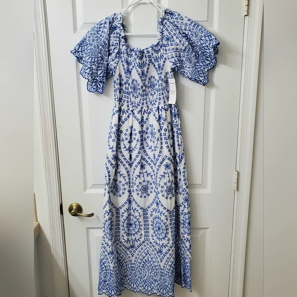 Ana & Rose Blue & White Embroidered Lace Smock Midi Dress - Women Small - Picture 3 of 7